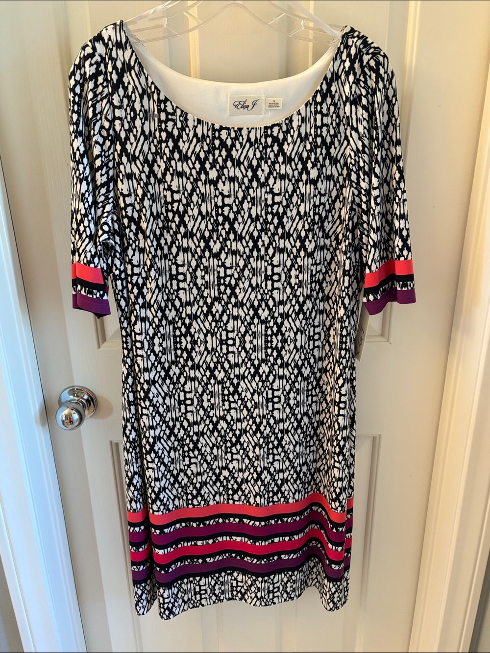 Ellza J- Black & White Geometric Midi Dress with Pink & Purple Trim Size 14. NWT